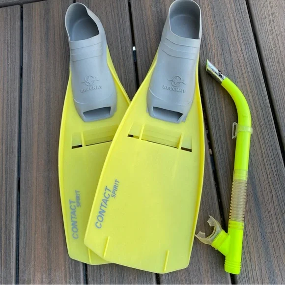 Beuchat Yellow/lime Snorkeling Fins and Snorkel - Picture 1 of 5